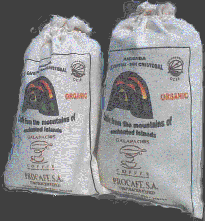 Bags of green coffee from Galapagos Islands