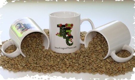 Green coffee and Tree Frog Coffees mugs